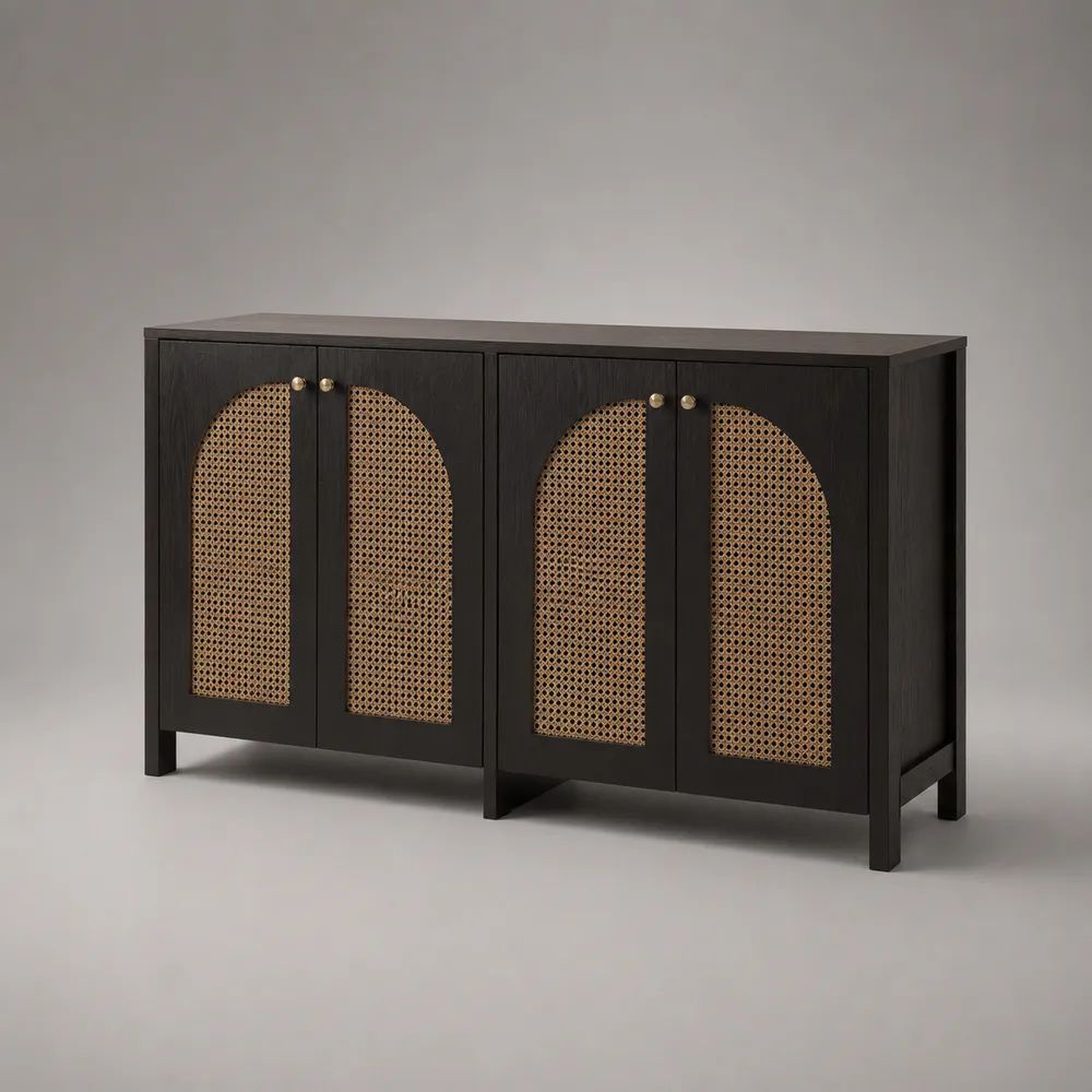 Sideboard mit 4 Türen aus MDF, Eichenfurnier und Rattangeflecht, Schwarz/Natur, 160 × 40 × 80 cm