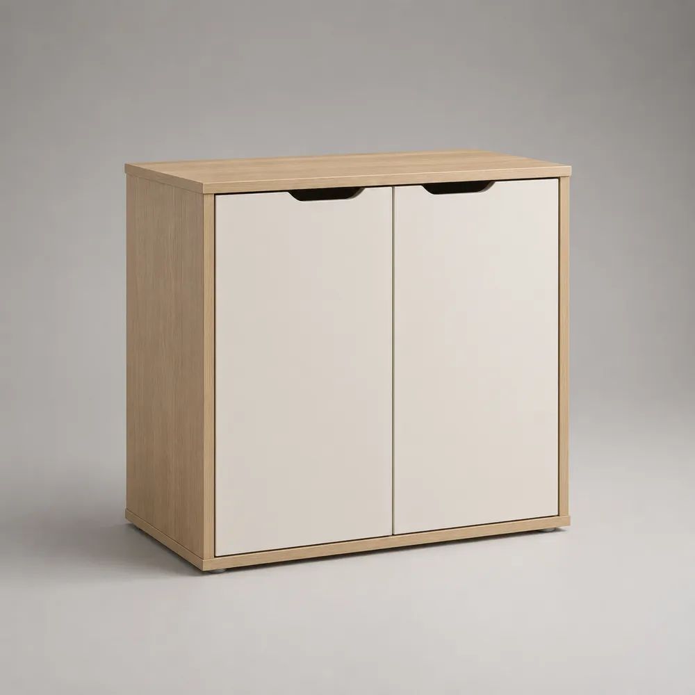 Rechteckiges Sideboard mit 2 Türen aus Spanplatte und MDF, Natur-Eiche/Weiß, 80 × 35 × 85 cm