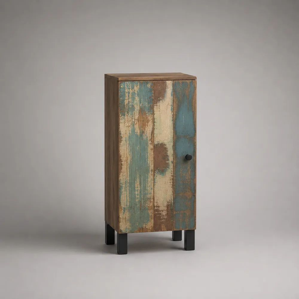 Highboard aus massivem Mangoholz mit 1 Tür, Braun/Türkis/Beige/Schwarz, 60 × 40 × 120 cm