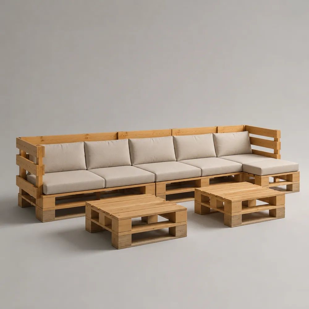 3-teiliges Garten-Lounge-Set aus massivem Holz mit Stoffkissen, L-Form, Natur/Beige, 300 × 160 × 80 cm