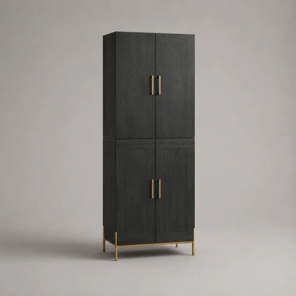 Buffetschrank/Hochschrank mit 4 Türen aus Holzwerkstoff und Stahl, Schwarz/Messingfarben, 80 × 40 × 180 cm