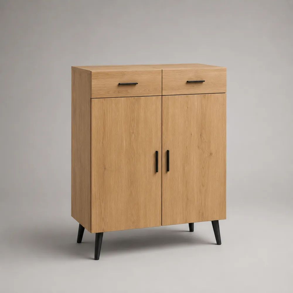 Highboard Esszimmerschrank aus MDF mit Eichenfurnier, 2 Türen und 2 Schubladen, Eiche Natur/Schwarz, 80 × 40 × 100 cm