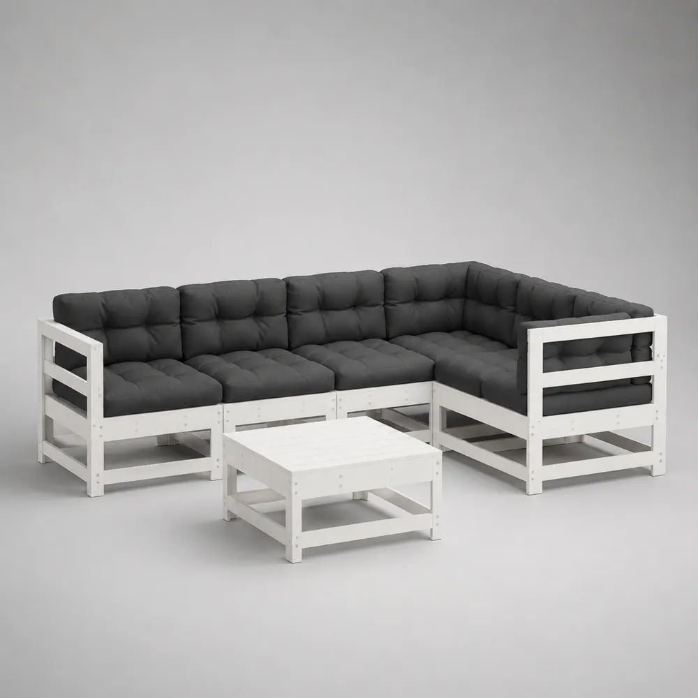 6-teiliges Gartenlounge-Set aus Holz, L-förmiges Ecksofa mit Couchtisch, Weiß/Anthrazit, 250 × 190 × 78 cm