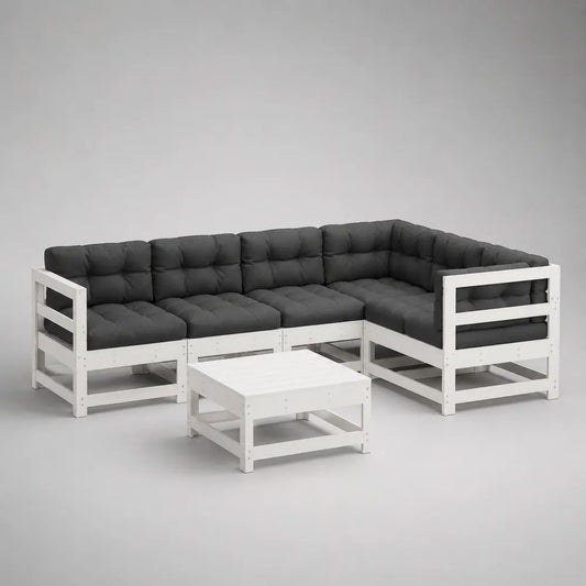6-teiliges Gartenlounge-Set aus Holz, L-förmiges Ecksofa mit Couchtisch, Weiß/Anthrazit, 250 × 190 × 78 cm
