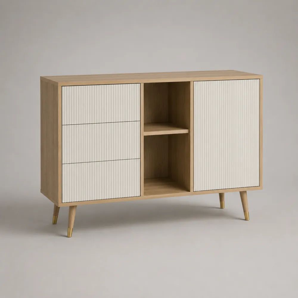 Sideboard aus MDF und Spanplatte mit Rillenfront, 3 Schubladen, 1 Tür und 2 offenen Fächern, Eichefarben/Weiß/Messingfarben, 120 × 40 × 80 cm