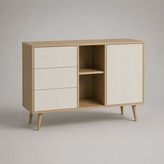 Sideboard aus MDF und Spanplatte mit Rillenfront, 3 Schubladen, 1 Tür und 2 offenen Fächern, Eichefarben/Weiß/Messingfarben, 120 × 40 × 80 cm
