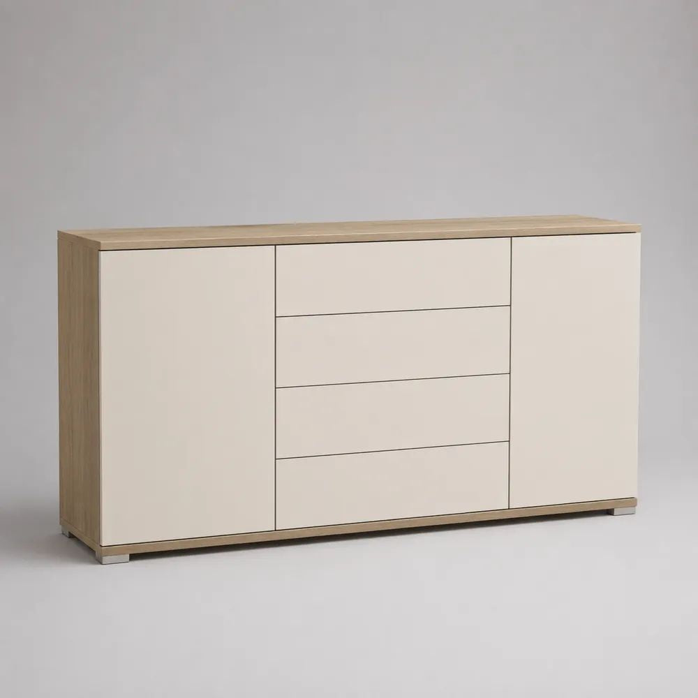 Sideboard Kommode aus MDF und Spanplatte mit 2 Türen und 4 Schubladen, Beige/Eichefarben, 160 x 40 x 90 cm