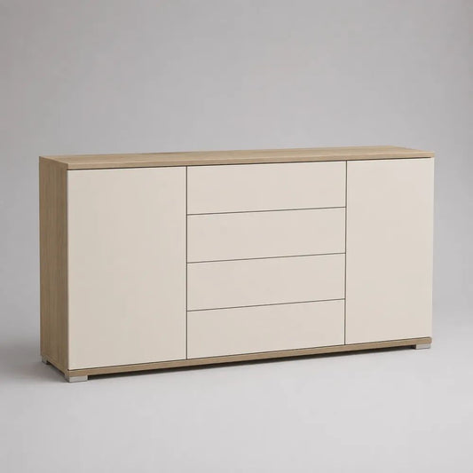 Sideboard Kommode aus MDF und Spanplatte mit 2 Türen und 4 Schubladen, Beige/Eichefarben, 160 x 40 x 90 cm