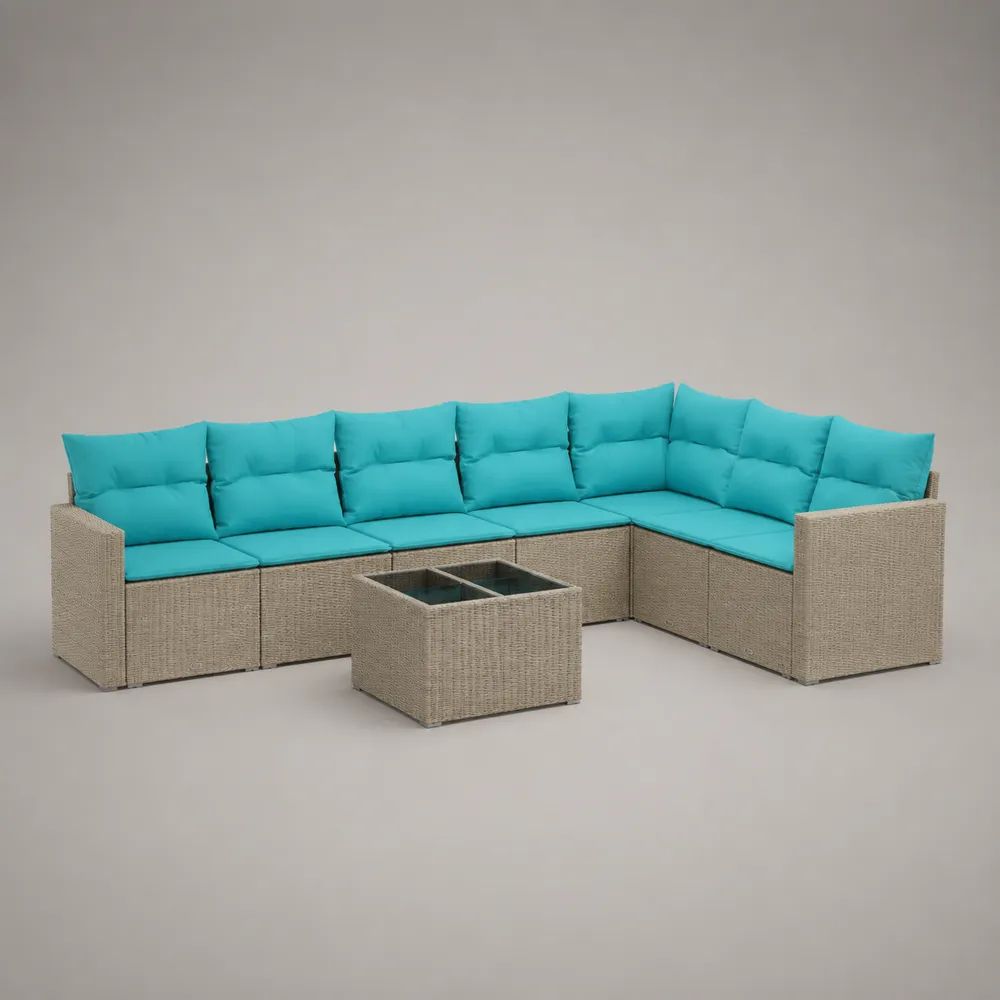 8-teiliges Gartenlounge-Set aus PE-Rattan mit Polsterauflagen und Glastisch, L-Form, Beige/Türkis, 257 x 257 x 80 cm