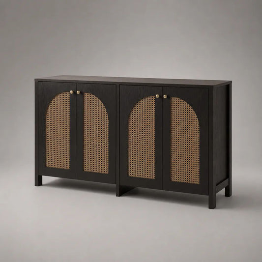 Sideboard mit 4 Türen aus MDF, Eichenfurnier und Rattangeflecht, Schwarz/Natur, 160 × 40 × 80 cm