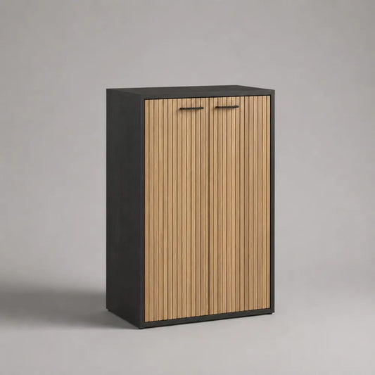 Highboard mit 2 Türen aus MDF und Spanplatte, Eiche Natur/Schwarz, 80 × 40 × 120 cm