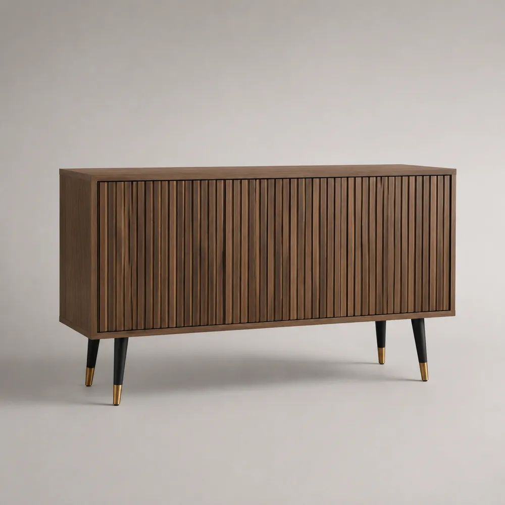 Sideboard mit 3 Türen aus MDF mit Walnussfurnier, Braun/Schwarz/Messingfarben, 140 × 40 × 75 cm