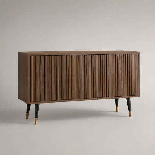 Sideboard mit 3 Türen aus MDF mit Walnussfurnier, Braun/Schwarz/Messingfarben, 140 × 40 × 75 cm