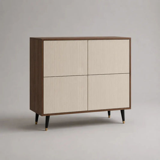 Rechteckiges Sideboard mit 4 Türen aus MDF mit Walnussfurnier, Braun/Creme, 120 × 40 × 110 cm