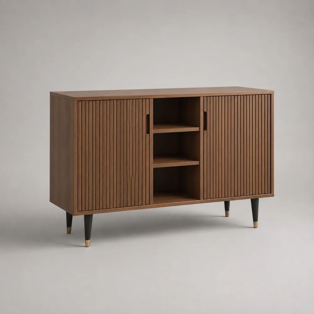Sideboard mit 2 Türen und 3 offenen Fächern aus MDF mit Walnussfurnier, Walnussbraun/Schwarz/Messingfarben, 140 x 40 x 90 cm