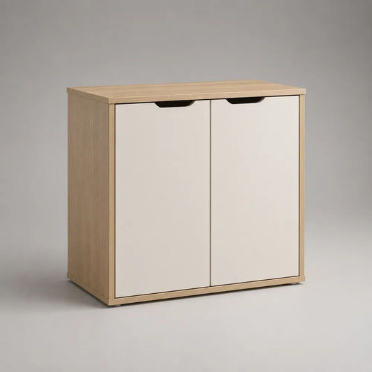 Rechteckiges Sideboard mit 2 Türen aus Spanplatte und MDF, Natur-Eiche/Weiß, 80 × 35 × 85 cm