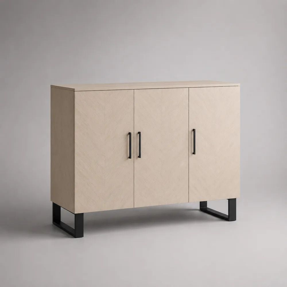Sideboard mit 3 Türen aus MDF mit Steinoptik-Dekor und Stahlgestell, Beige/Schwarz, 120 × 40 × 90 cm