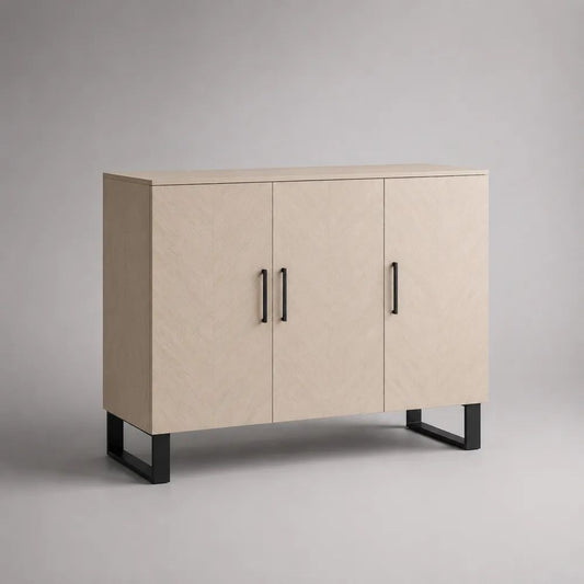 Sideboard mit 3 Türen aus MDF mit Steinoptik-Dekor und Stahlgestell, Beige/Schwarz, 120 × 40 × 90 cm