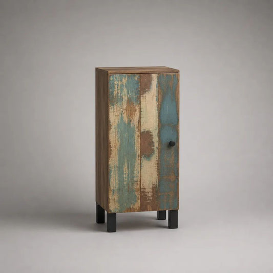 Highboard aus massivem Mangoholz mit 1 Tür, Braun/Türkis/Beige/Schwarz, 60 × 40 × 120 cm