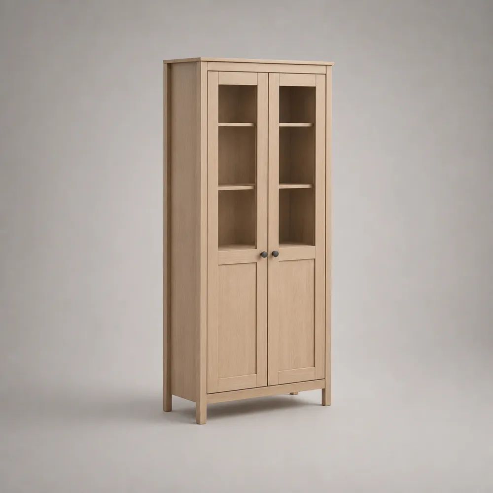 Vitrinen- und Buffetschrank aus MDF, Spanplatte und Glas, Eiche Natur, 80 x 35 x 180 cm