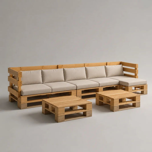 3-teiliges Garten-Lounge-Set aus massivem Holz mit Stoffkissen, L-Form, Natur/Beige, 300 × 160 × 80 cm