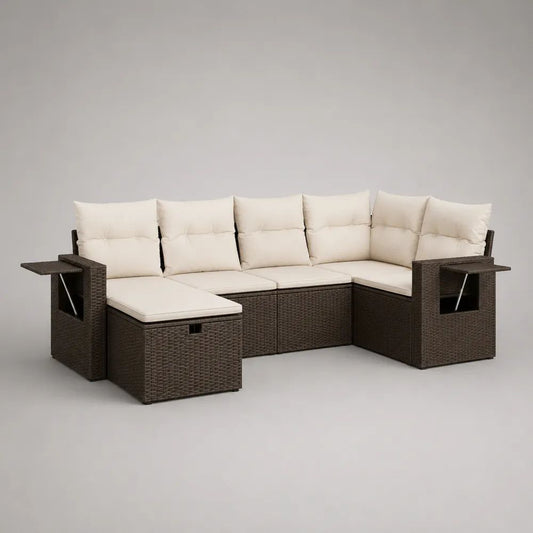 Gartenmöbel-Lounge-Set, L-förmiges Gartensofa aus PE-Polyrattan mit Auflagen, Stauraumhocker und Klappablagen, Braun/Creme, 245 × 185 × 85 cm
