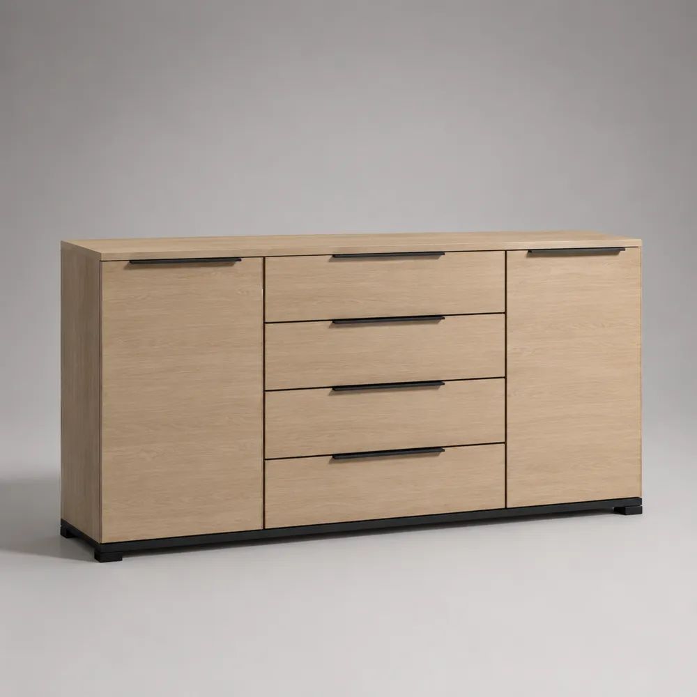 Sideboard aus MDF mit Eichenfurnier, 2 Türen und 4 Schubladen, Eiche Natur/Schwarz, 160 × 40 × 80 cm