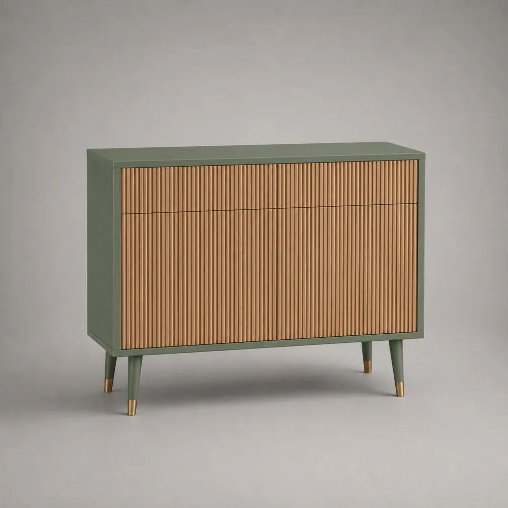 Sideboard Buffetschrank aus MDF und Holz mit Lamellenfront, Salbeigrün/Natur, 100 × 40 × 90 cm