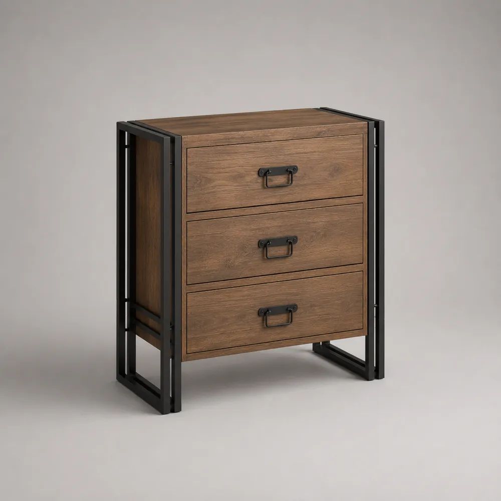 Rechteckige Kommode mit 3 Schubladen aus melaminbeschichteter Spanplatte und Stahl, Braun/Schwarz, 70 × 40 × 85 cm