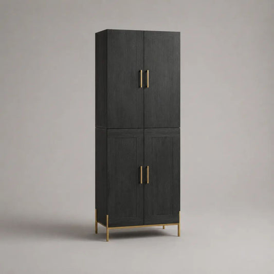 Buffetschrank/Hochschrank mit 4 Türen aus Holzwerkstoff und Stahl, Schwarz/Messingfarben, 80 × 40 × 180 cm