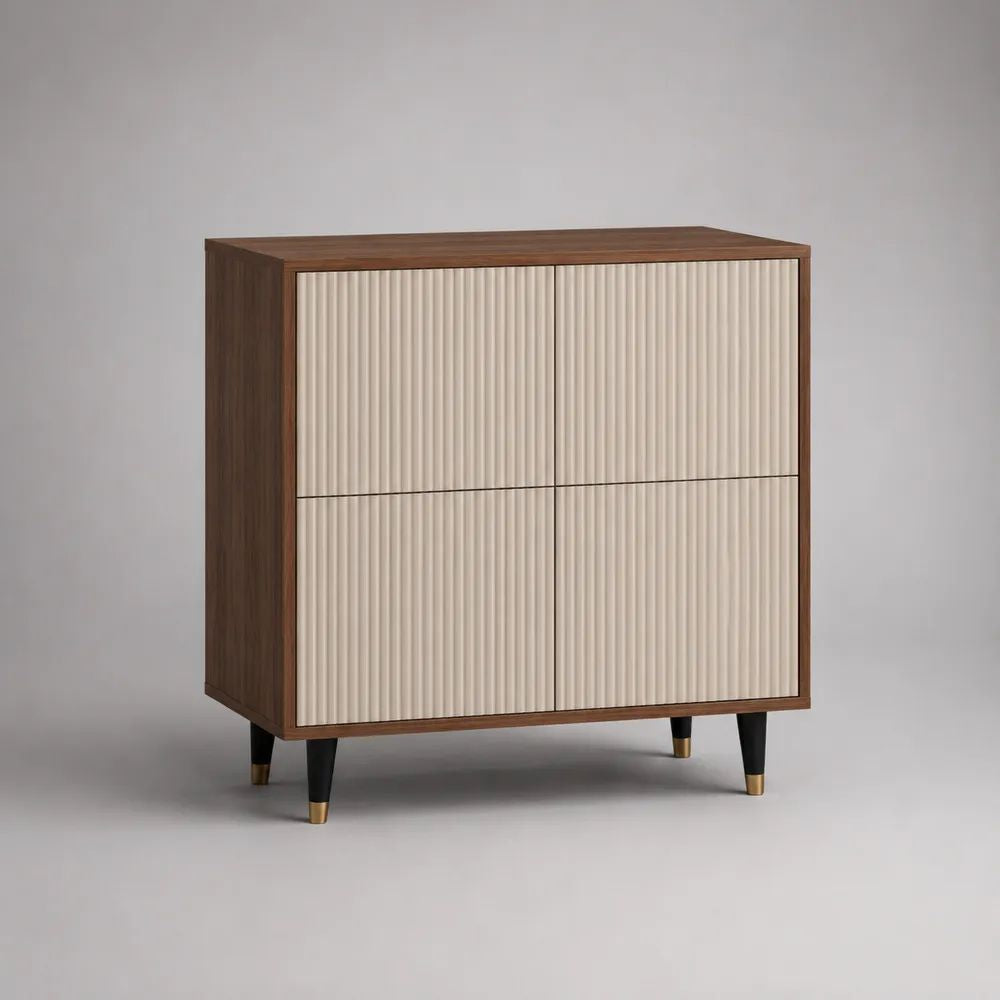 Highboard mit 4 Türen aus MDF mit Walnussfurnier und Rillenfront, Walnussbraun/Creme, 100 × 40 × 110 cm