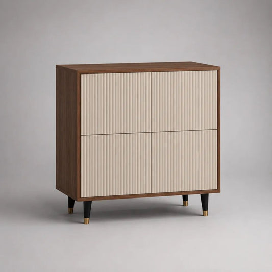Highboard mit 4 Türen aus MDF mit Walnussfurnier und Rillenfront, Walnussbraun/Creme, 100 × 40 × 110 cm