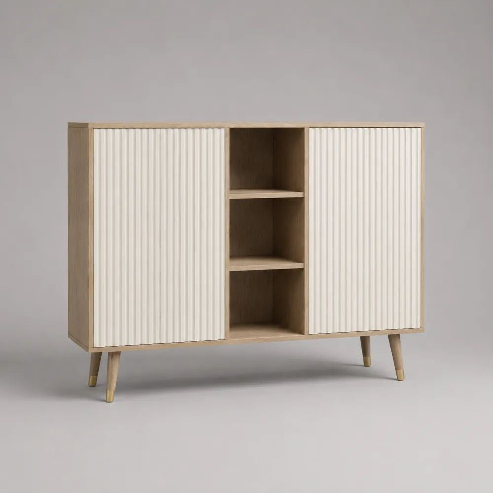 Rechteckiges Sideboard mit 2 Türen und 3 offenen Fächern aus MDF und Spanplatte, Eichefarben/Weiß, 120 × 40 × 90 cm