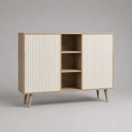 Rechteckiges Sideboard mit 2 Türen und 3 offenen Fächern aus MDF und Spanplatte, Eichefarben/Weiß, 120 × 40 × 90 cm