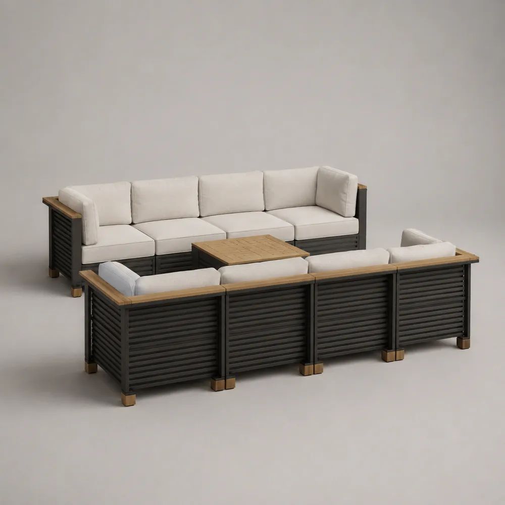 3-teiliges Gartenlounge-Set für 8 Personen mit 2 Gartensofas und Couchtisch aus Aluminium und Holz, Anthrazit/Naturweiß/Naturbraun, Sofas je 260 × 75 × 70 cm
