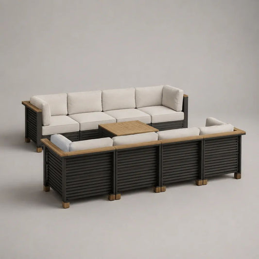3-teiliges Gartenlounge-Set für 8 Personen mit 2 Gartensofas und Couchtisch aus Aluminium und Holz, Anthrazit/Naturweiß/Naturbraun, Sofas je 260 × 75 × 70 cm