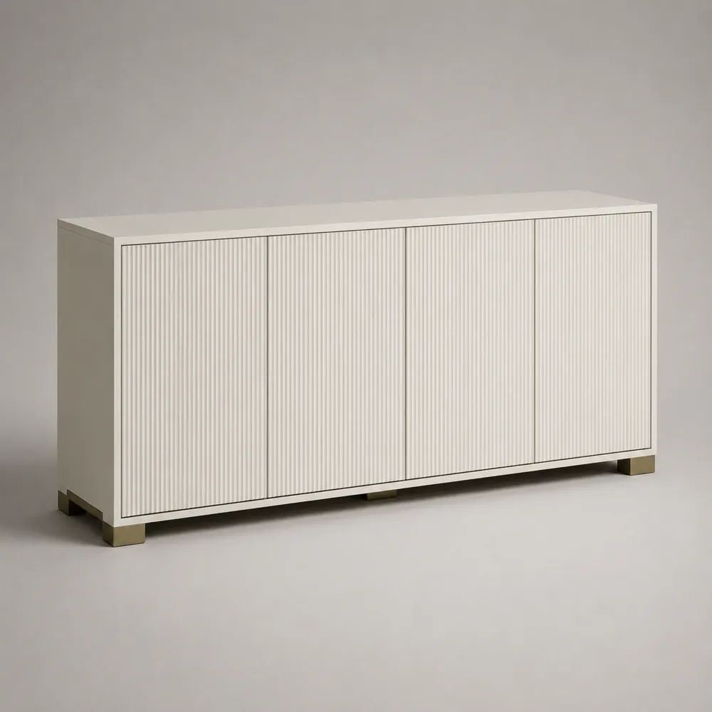 Sideboard aus MDF mit 4 Türen und Rillenfronten, Cremeweiß/Messingfarben, 160 × 40 × 80 cm