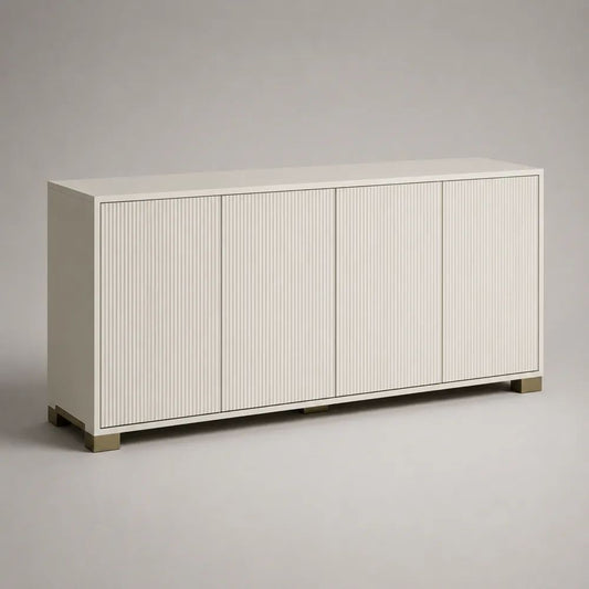 Sideboard aus MDF mit 4 Türen und Rillenfronten, Cremeweiß/Messingfarben, 160 × 40 × 80 cm