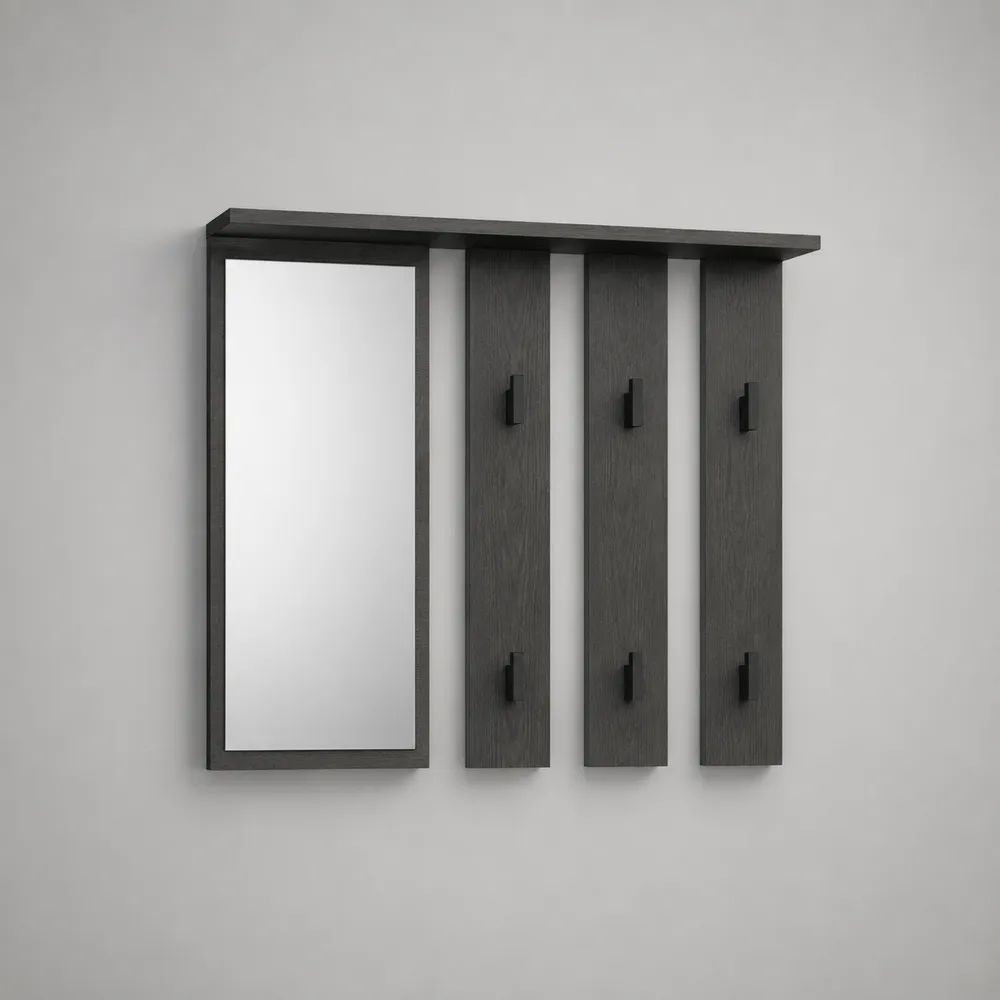Wandgarderobe mit Spiegel, Ablage und 6 Metallhaken, Anthrazit/Schwarz/Silber, 100 × 15 × 70 cm