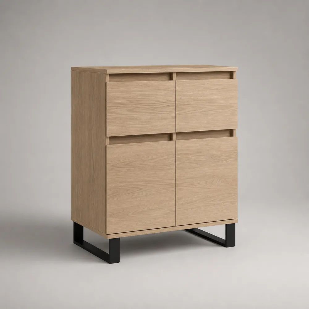 Highboard-Buffetschrank aus MDF mit Eichenfurnier und Stahlgestell, 2 Schubladen und 2 Türen, Natur/Schwarz, 80 × 40 × 110 cm