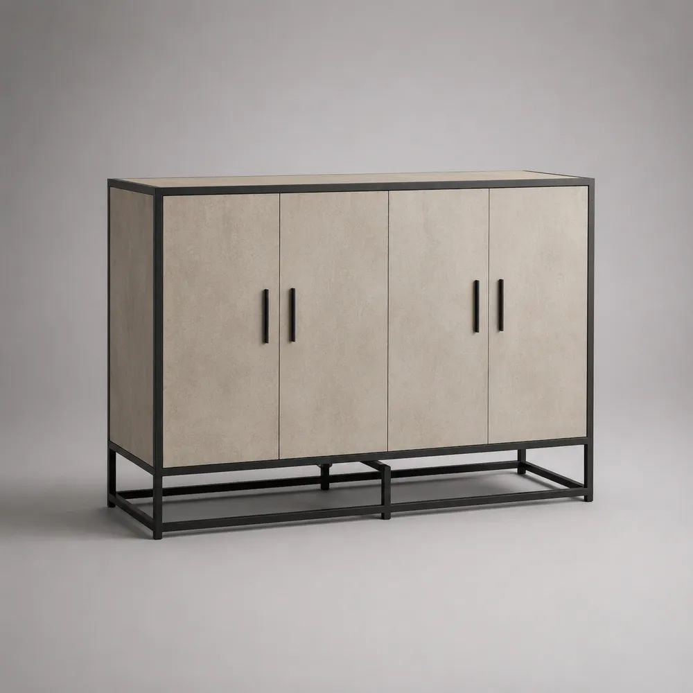 Rechteckiges Sideboard mit 4 Türen aus Holz und Metall, Beige/Schwarz, 140 × 40 × 90 cm