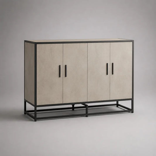 Rechteckiges Sideboard mit 4 Türen aus Holz und Metall, Beige/Schwarz, 140 × 40 × 90 cm