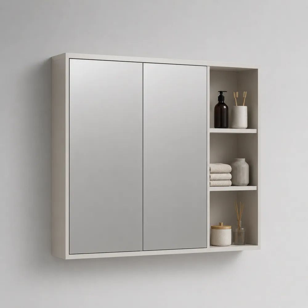 Badezimmer-Spiegelschrank aus Holz mit 2 Spiegeltüren und 3 offenen Fächern, Weiß/Silber, 90 × 15 × 80 cm