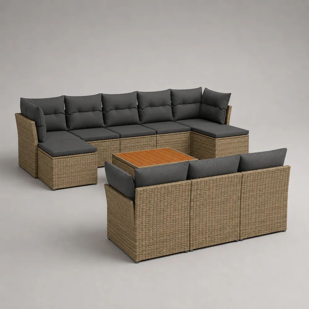 10-teiliges Gartenmöbel-Set aus PE-Rattan für 9 Personen mit Polstern und Tisch, U-Form, Natur/Anthrazit/Braun, Tisch 100 × 50 × 35 cm