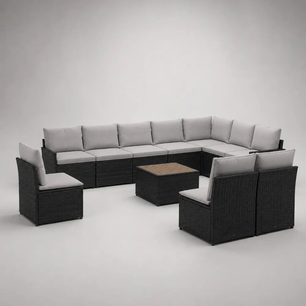 12-teiliges Gartenlounge-Set aus PE-Rattan mit 11 Sitzplätzen und Tisch, modular, L-Form, Schwarz/Hellgrau/Braun, ca. 300 x 240 x 65 cm