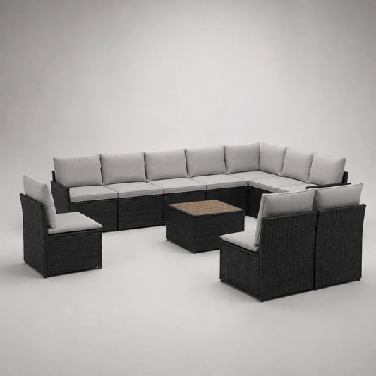 12-teiliges Gartenlounge-Set aus PE-Rattan mit 11 Sitzplätzen und Tisch, modular, L-Form, Schwarz/Hellgrau/Braun, ca. 300 x 240 x 65 cm