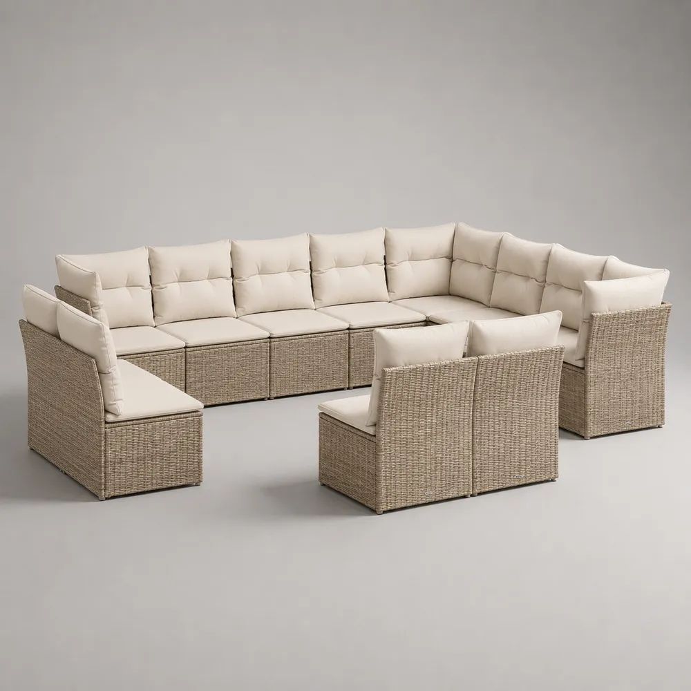 10-teiliges modulares Gartenlounge-Set aus Polyrattan mit Stahlrahmen und Kissen, Beige/Cremeweiß, ca. 325 × 195 × 65 cm